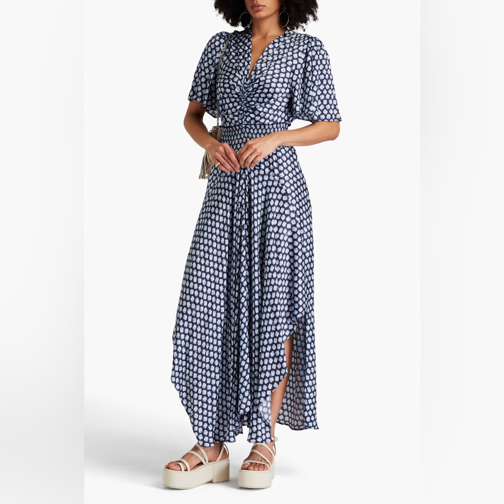Maje clover silk blue midi asymmetrical dress size 42 or 8-10